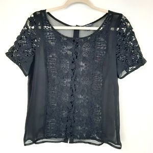 American Eagle Outfitters Women's Black Sheer Crochet Split Back Blouse SZ Large